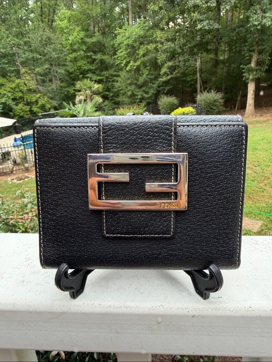 Fendi Handbags - Fendi Black Leather Wallet with Silver Logo Plaque